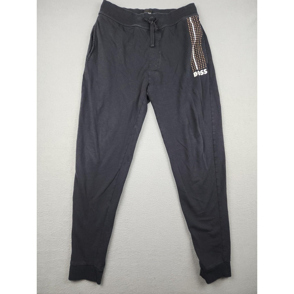 Boss Jogger Pants Mens Small Black Authentic Cotton Logo Stripe Lounge